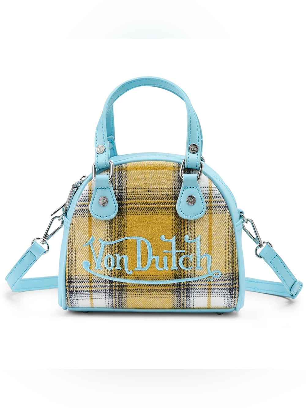 Von Dutch Yellow Plaid Mini Satchel with Light Blue Trim